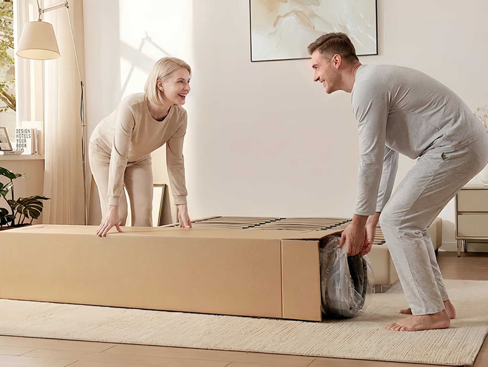 Couple setting up mattress