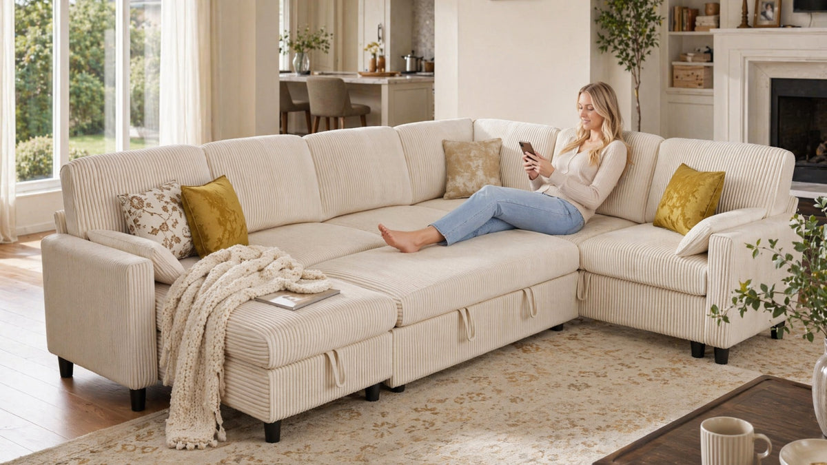 PANDORA 6 Seats J Shape Sectional Sofa Bed
