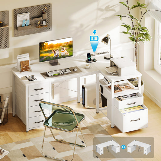 KKL 55 inch Computer Desk with 5 Drawers and File Cabinet for Storage, Office Desk with Storage Shelf & Power Outlets, Home Office Desks, White