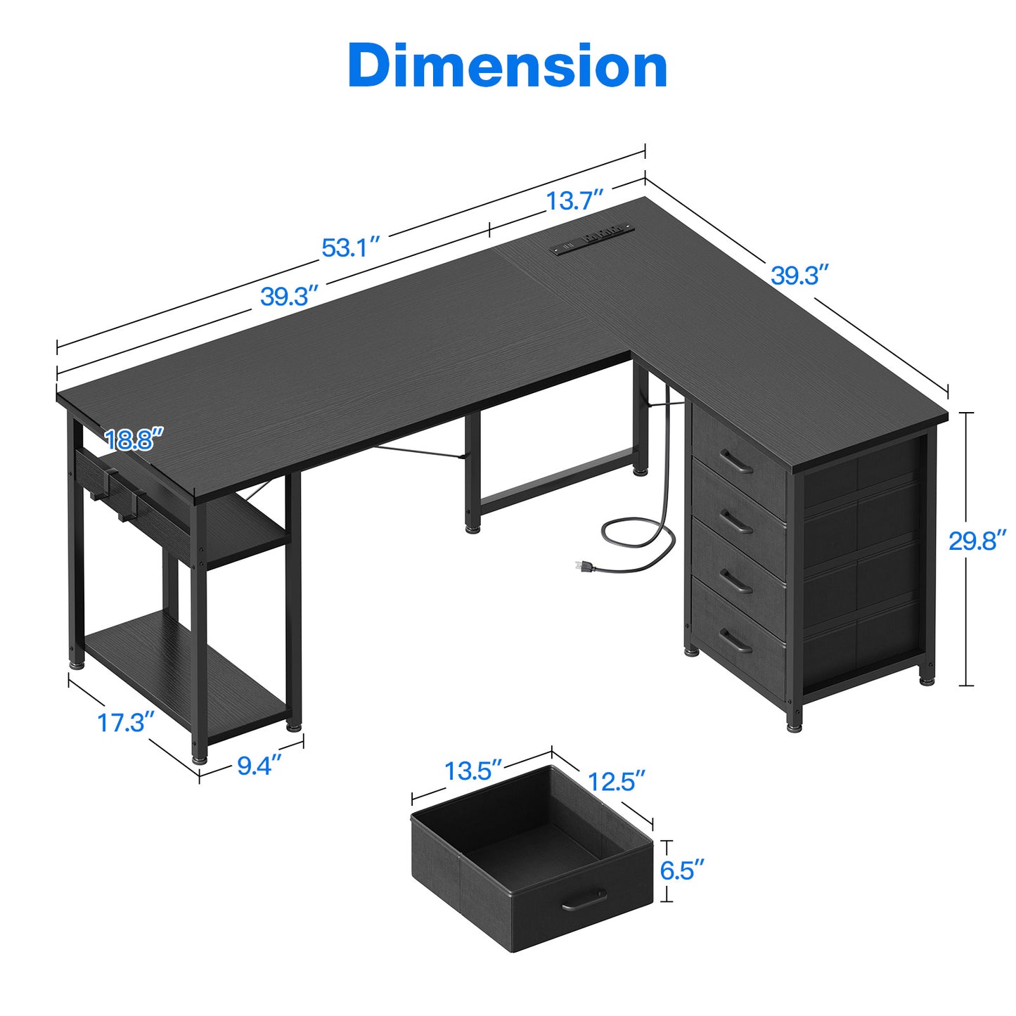 Reversible L Shaped Computer Desk with Charging Station, 53 inch PC Table Study Desk 4 Tier Drawers fro Small Spac, Modern Simple Style Laptop Desk for Bedroom, Pure Black