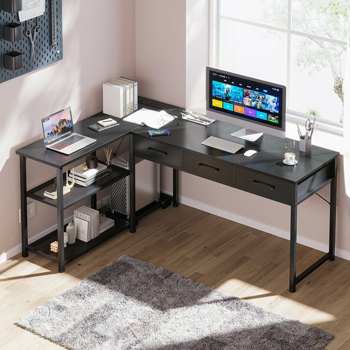 53 inch Reversible Office Desk with Power Outlets & USB Ports, Computer Gaming Desk with 3 Drawers, Writing Table with Storage Space for Bedroom, Black