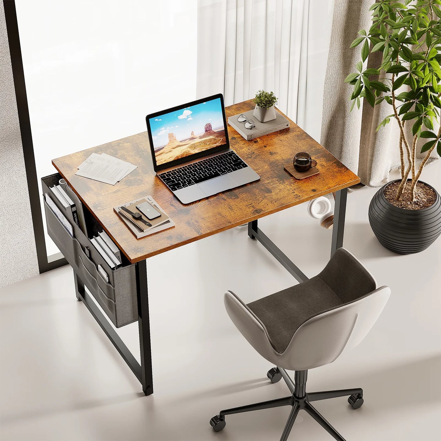 Small Computer Writing Desk 32 inch, Sturdy Home Office Table, Work Desk with a Storage Bag and Headphone Hook, Vintage