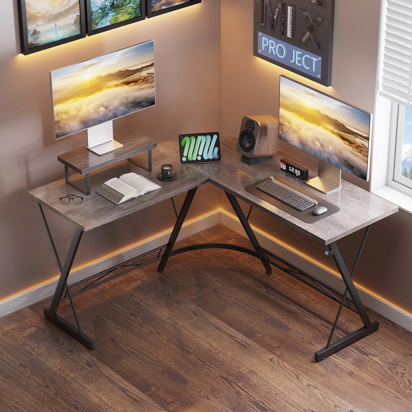 51 inch Gaming Desk with Removable Monitor Stand, L Shaped Computer Desk, Corner Desk for Home Office, Grey Oak