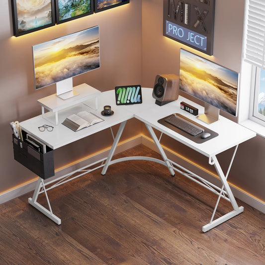 51 inch Gaming Desk with Storage Bag, L Shaped Computer Desk, Corner Desk for Home Office with Removeable Monitor Stand 51", Pure White