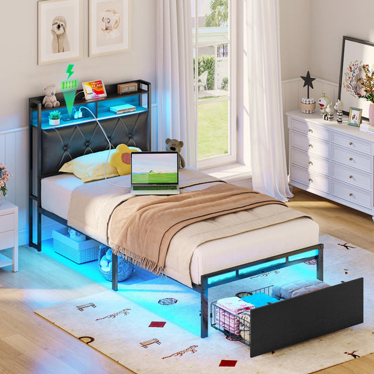 Bed Frame Twin Size with Storage Headboard and Drawer for Kids, Upholstered Platform Bed with Charging Station and LED Light, Heavy Duty Frame Support, No Box Spring Needed, Noise Free, Black