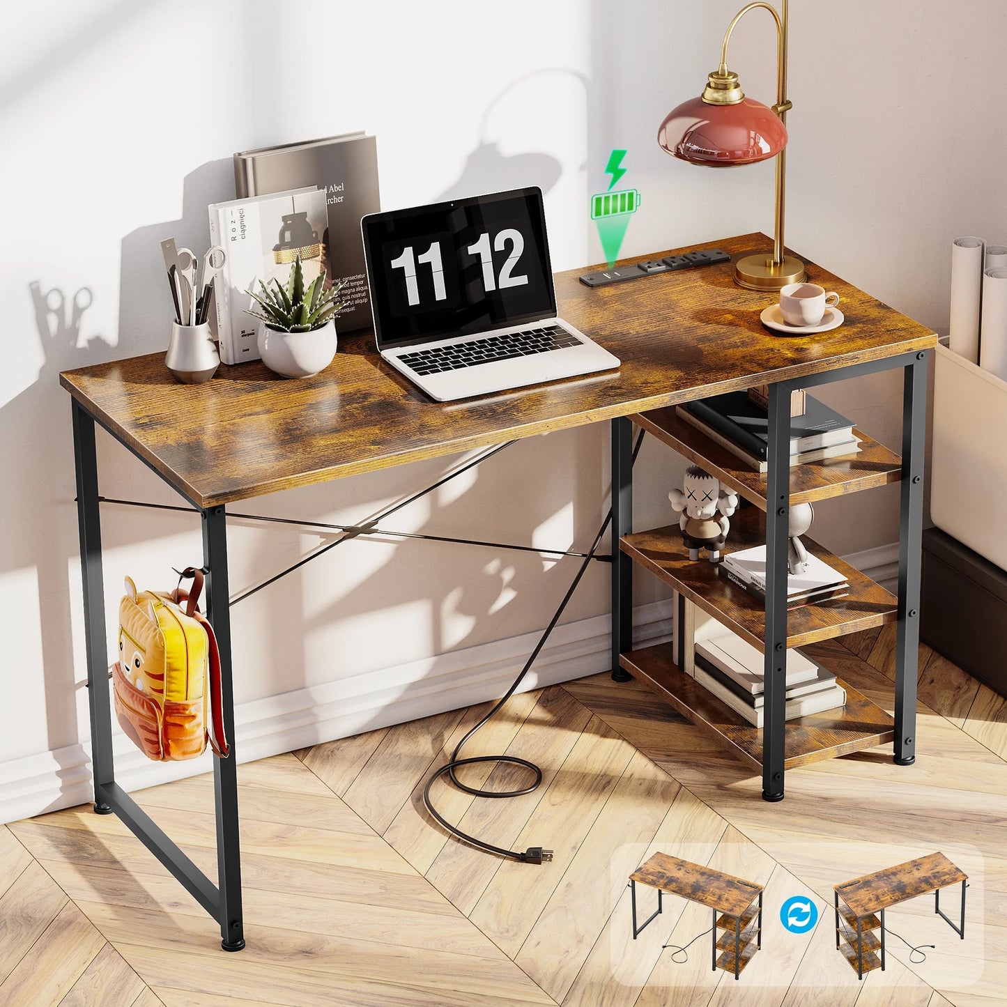 Modern 40 inch Writing Desk with 3 Tier Shelves for Small Space, Computer Table with Power Outlet & USB Charging Port, Vintage