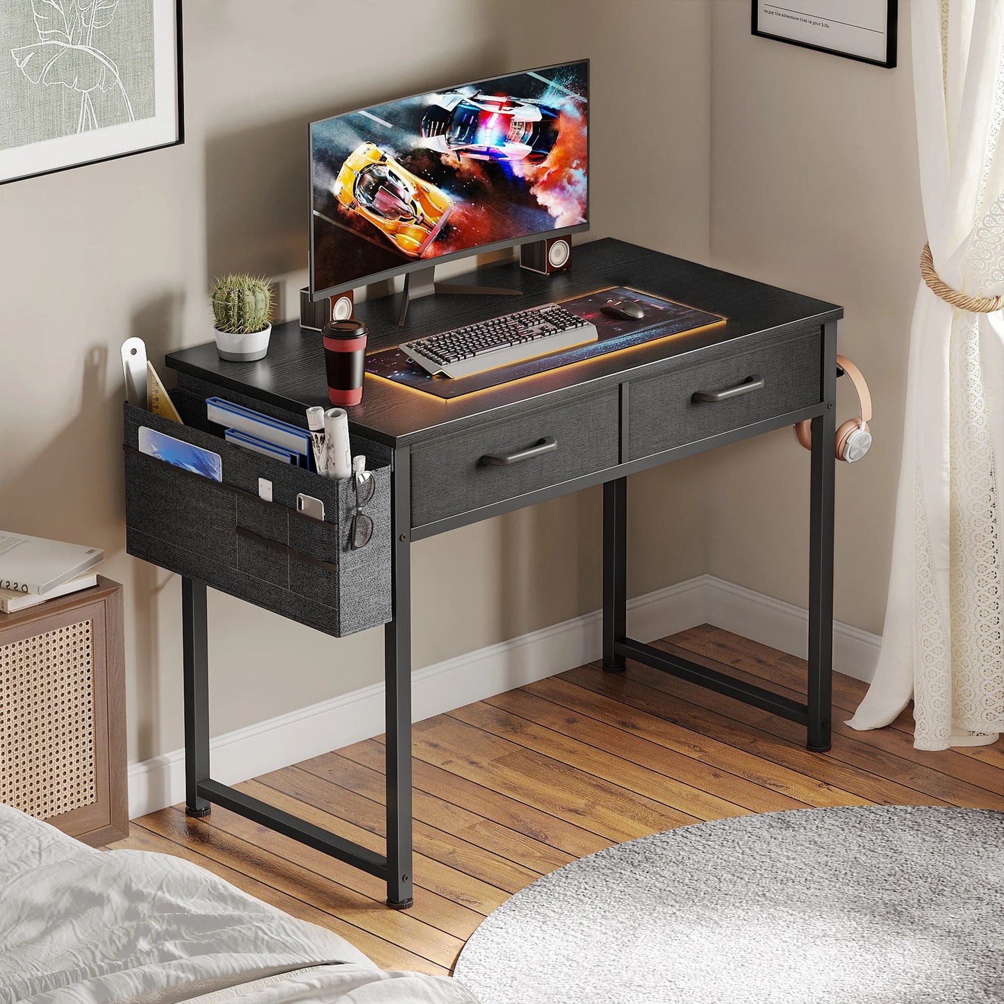 32 Inch Black Writing Desk with 2 Fabric Drawers & Storage Bag, Modern Study Table with Storage for Student/Kids, Small Computer Desk for Small Space, Home Office Desk