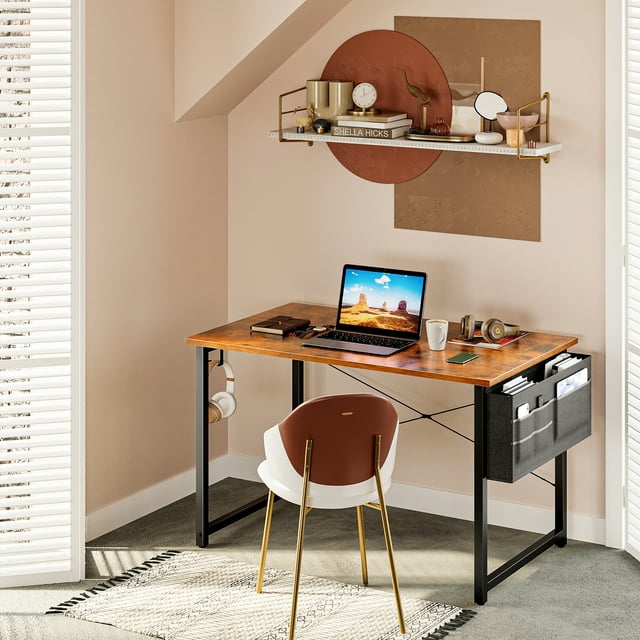 Computer Writing Desk 40 inch, Sturdy Home Office Table, Work Desk with a Storage Bag and Headphone Hook, Vintage