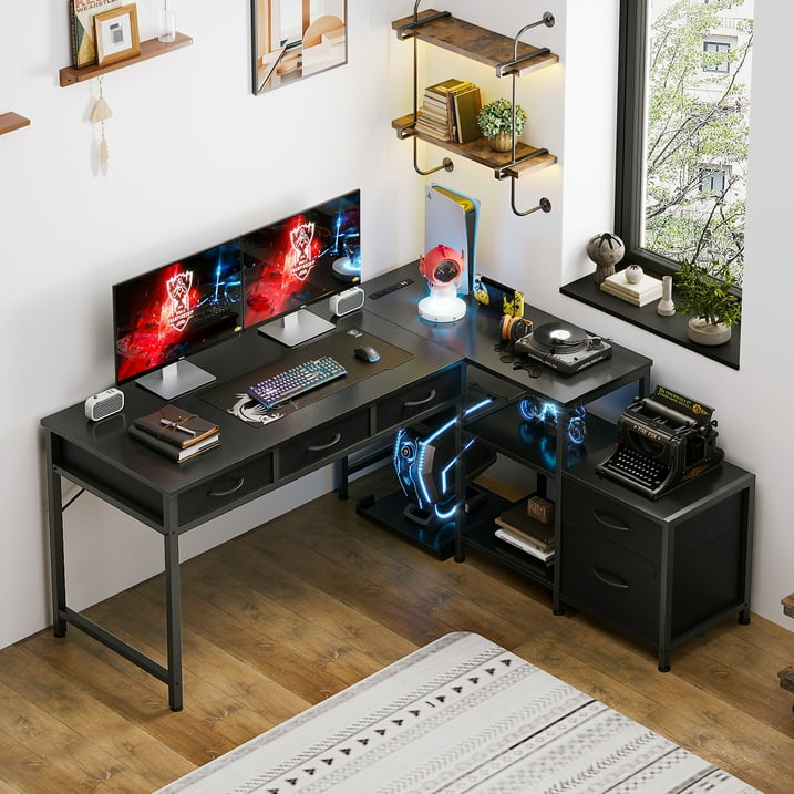 L Shaped Gaming Desk, 53" Reversible Home Office Desk with File Drawer & Power Outlet, Modern Corner Computer Desk with CPU Stand, Printer Storage Shelves, Black