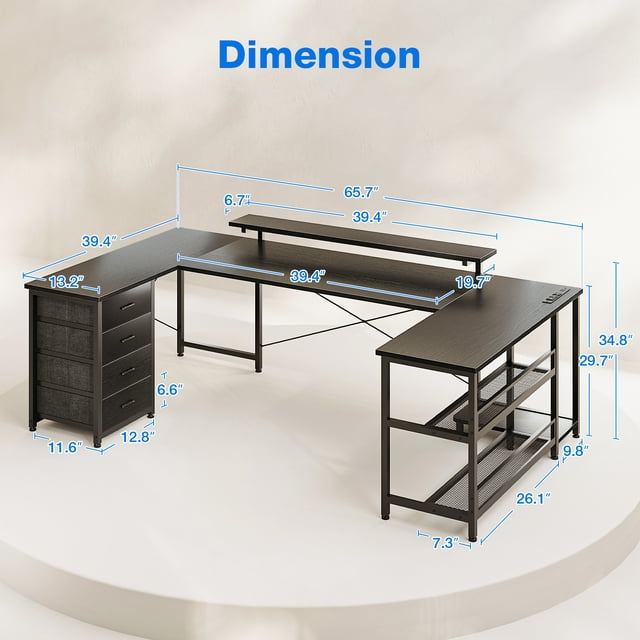 66 inch U Shaped Writing Gaming Desk with Drawers, Home Office Desk with Adjustable Heights Monitor Stand, Reversible Corner Desk with LED Lights & Power Outlets, Black