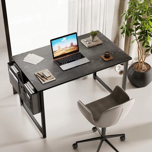 Computer Writing Desk 40 inch, Sturdy Home Office Table, Work Desk with a Storage Bag and Headphone Hook, Espresso Gray