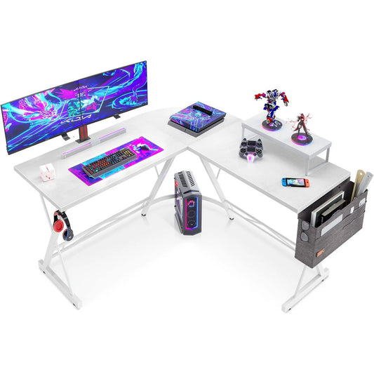 51 inch Gaming Desk with Storage Bag, L Shaped Computer Desk, Corner Desk for Home Office with Removeable Monitor Stand 51", Pure White