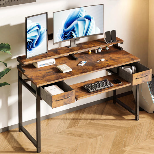 48 inch Computer Desk with Keyboard Tray, Modern Home Office Desk with Shelf & Drawers, Study Desk for Student, Rustic Brown