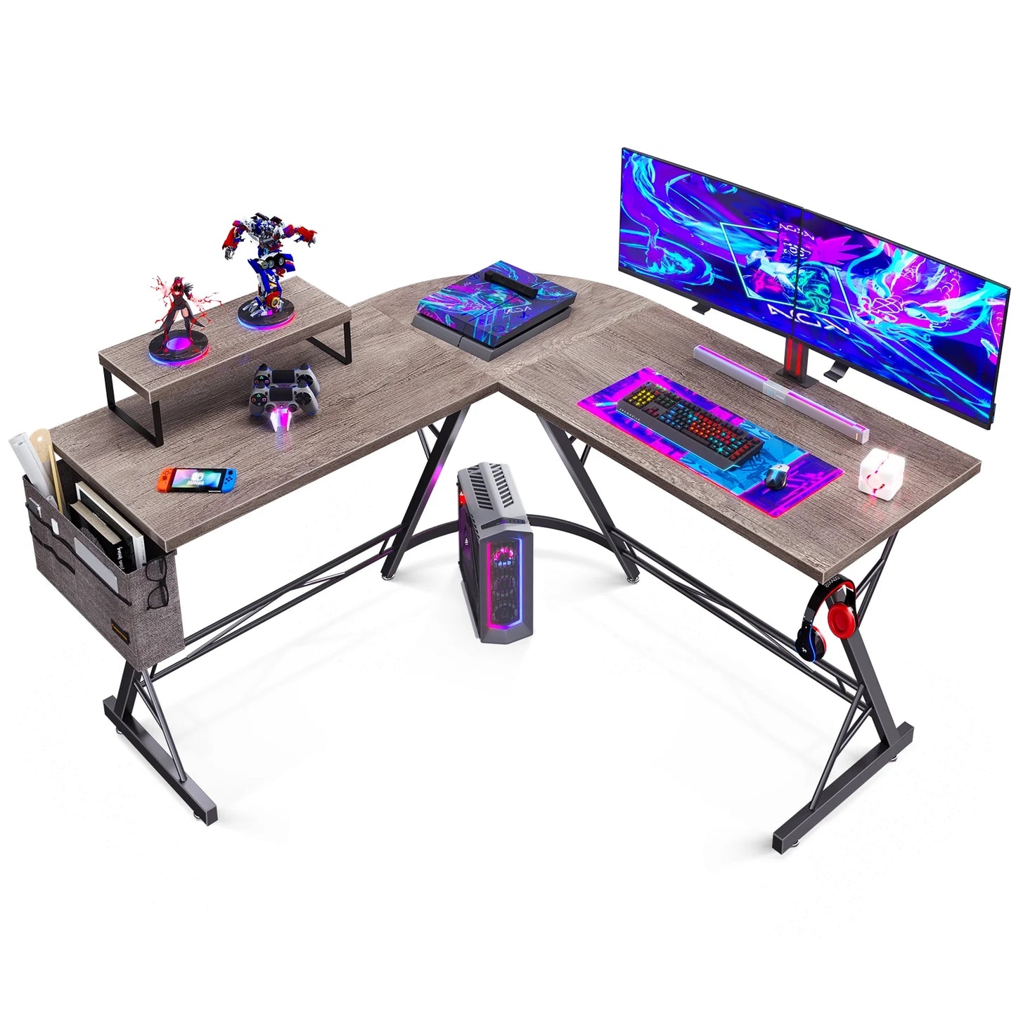 51 inch Gaming Desk with Storage Bag, L Shaped Computer Desk, Corner Desk for Home Office with Removeable Monitor Stand, Grey Oak