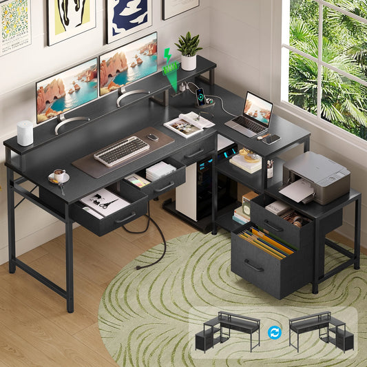 L Shaped Gaming Desk with File Drawer & Power Outlet, 53" Reversible Home Office Desk with Monitor Stand & Storage Drawers, Modern Corner Computer Desk with CPU Stand & Printer Storage Shelves, Black