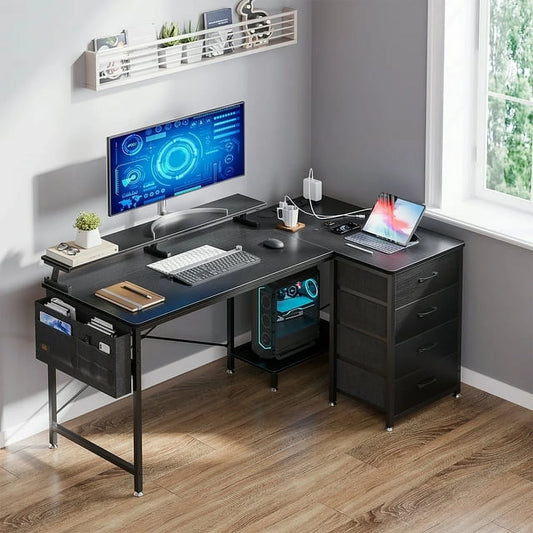 L Shaped Gaming Desk, 55 inch Corner Computer Desk with Power Outlet & USB Charging Port, Modern Writing Desk with 4-Tier Drawer & Monitor Shelf for Home Office, Black