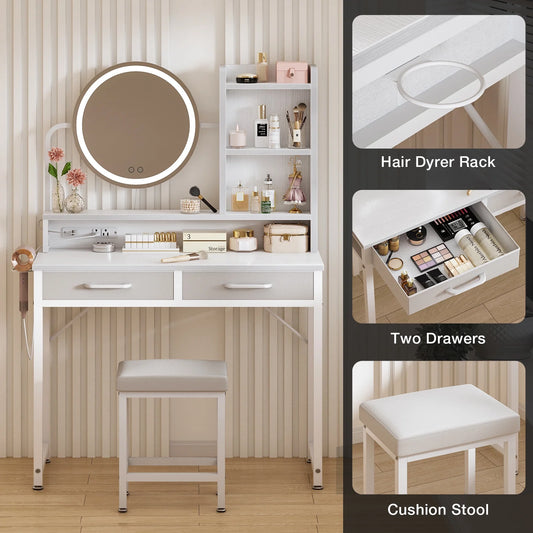 32 inch Small Vanity Desk with Charging Station & Mirror for Small Space, Make up Table with 2 Storage Drawers for Bedroom, Dressing Table with Storage Shelves, Pure White