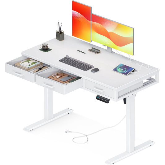 Electric Standing Desk with Drawers, 47 Inch Height Adjustable Small Desk with Power Outlets, Sit Stand Table, Writing Computer Desk for Home, Office, Workstation, White