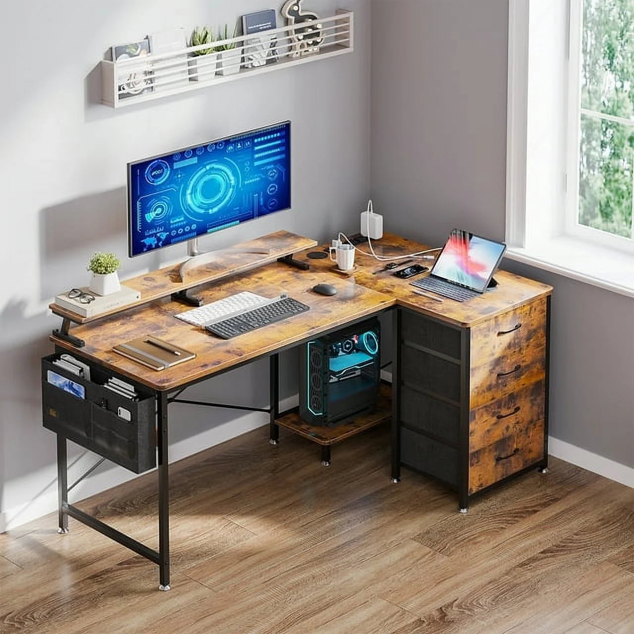 55 inch Corner Computer Desk with Power Outlets & LED Lights, Home Office Desk with 4-Tier Drawer & Storage Shelf, Ergonomic Gaming Desk with Monitor Stand, Vintage