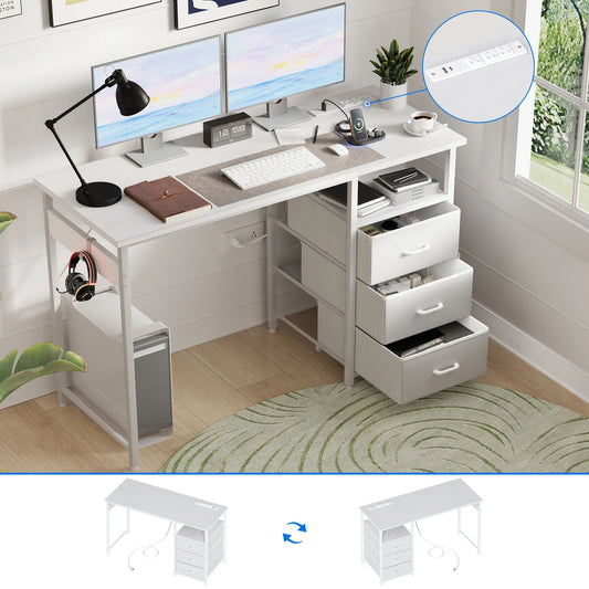 48 inch Computer Desk with Power Outlets, Home Office Desk with 3 Drawers, Writing Desk with Removable Monitor Shelf, Pure White