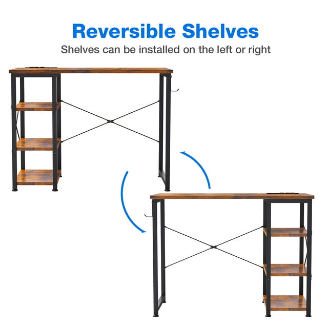 Modern Writing Desk with 3 Tier Shelves for Small Space, Computer Table with Power Outlet & USB Charging Port, Vintage