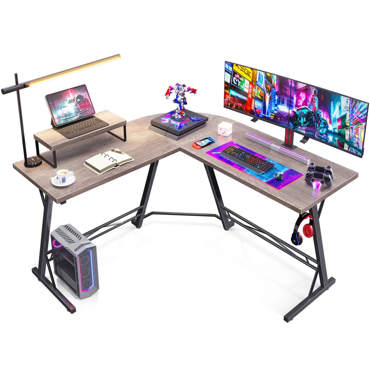 51 inch Gaming Desk with Removable Monitor Stand, L Shaped Computer Desk, Corner Desk for Home Office, Grey Oak