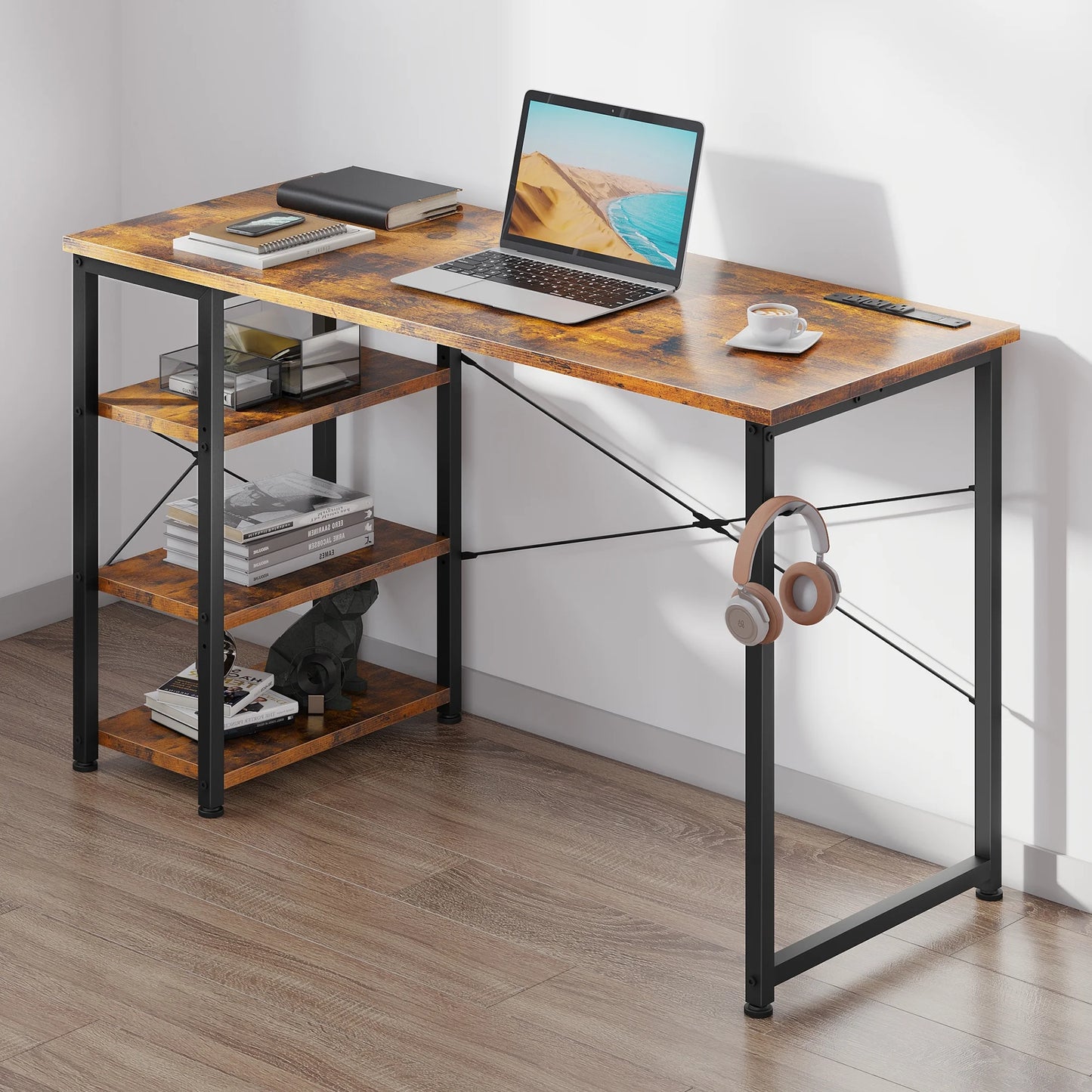 Modern 40 inch Writing Desk with 3 Tier Shelves for Small Space, Computer Table with Power Outlet & USB Charging Port, Vintage