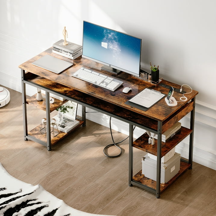 48 inch Simple Design Computer Desk with Charging Station, Modern Office Desk with Shelves, Vintage