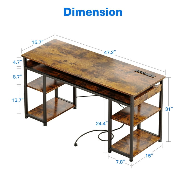 48 inch Simple Design Computer Desk with Charging Station, Modern Office Desk with Shelves, Vintage