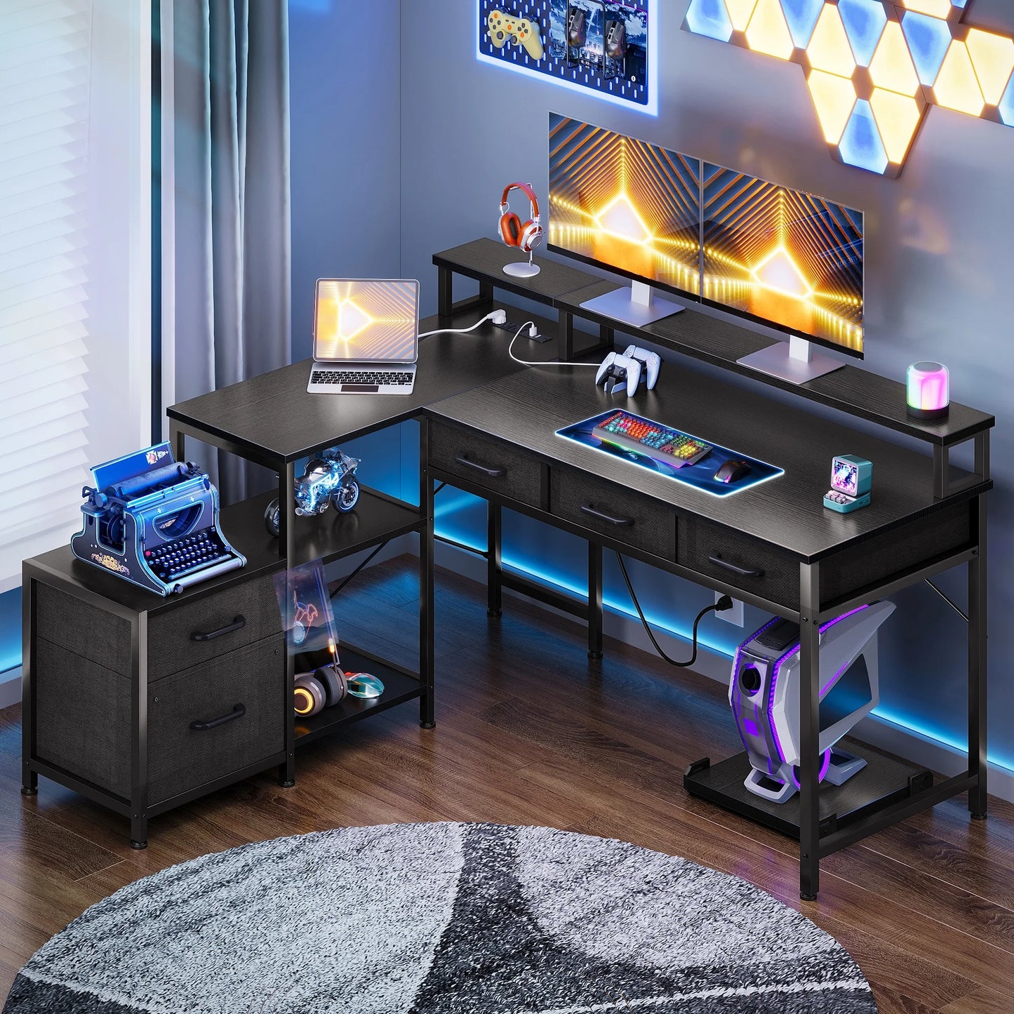 L Shaped Gaming Desk with File Drawer & Power Outlet, 53" Reversible Home Office Desk with Monitor Stand & Storage Drawers, Modern Corner Computer Desk with CPU Stand & Printer Storage Shelves, Black