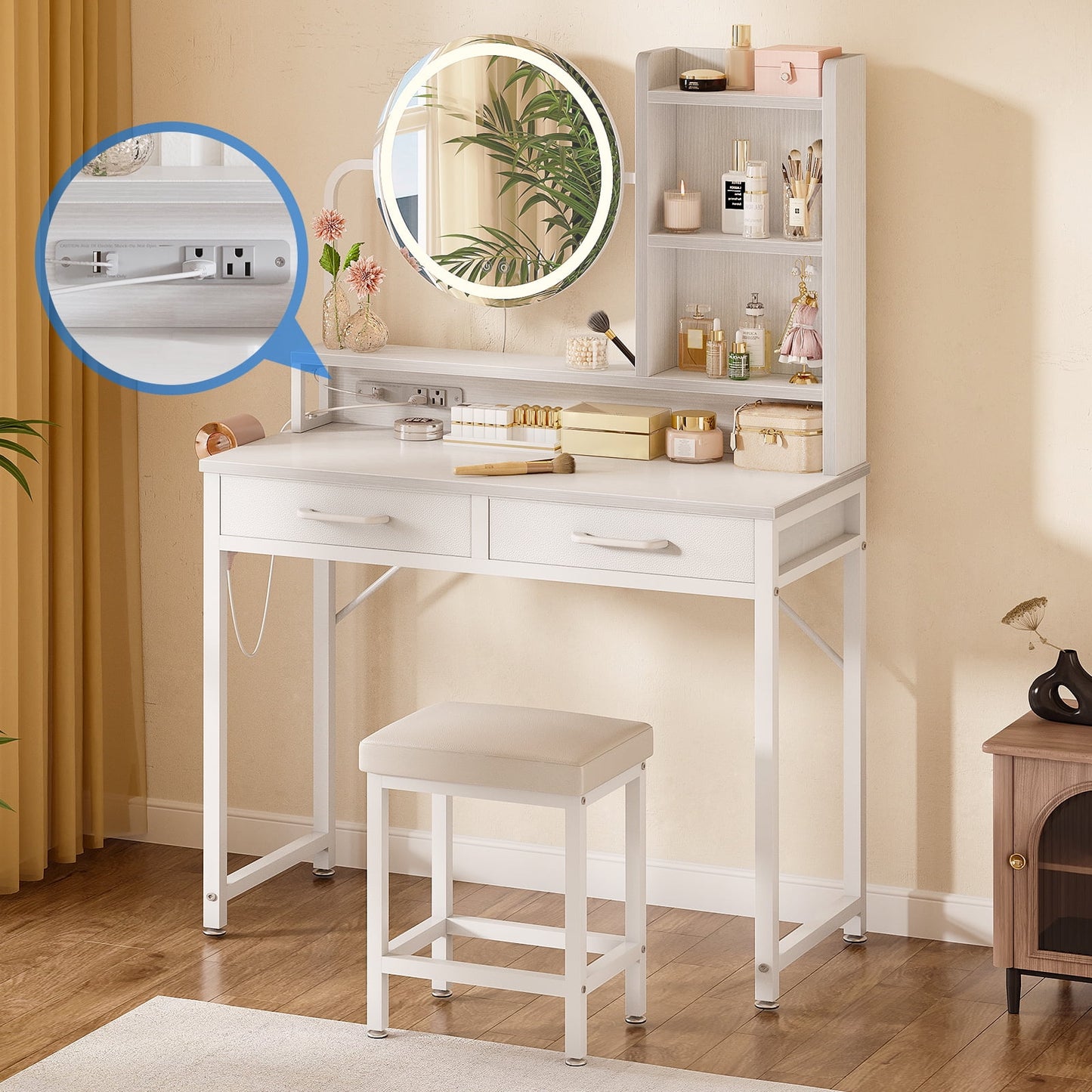 32 inch Small Vanity Desk with Charging Station & Mirror for Small Space, Make up Table with 2 Storage Drawers for Bedroom, Dressing Table with Storage Shelves, Pure White