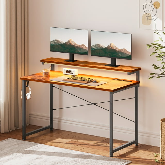 48 inch Computer Desk with Adjustable Monitor Stand(3.9”, 5.1”, 6.3”), Home Office Desk with Charging Station & LED Light, Simple Modern Style Laptop Desk for Small Space, Vintage