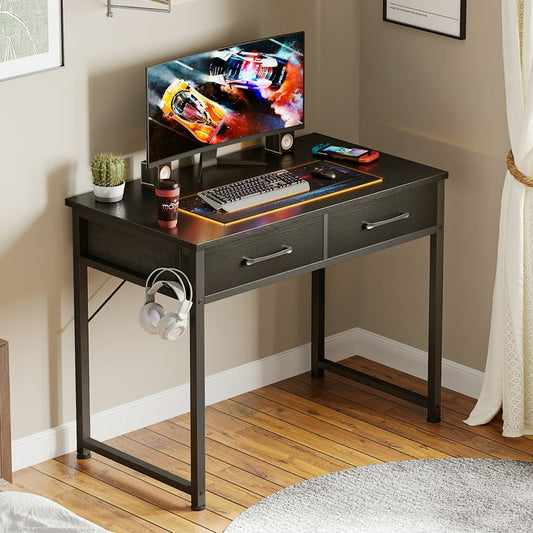 32 Inch Black Writing Desk with 2 Fabric Drawers, Modern Study Table with Storage for Student/Kids, Small Computer Desk for Small Space, Home Office Desk