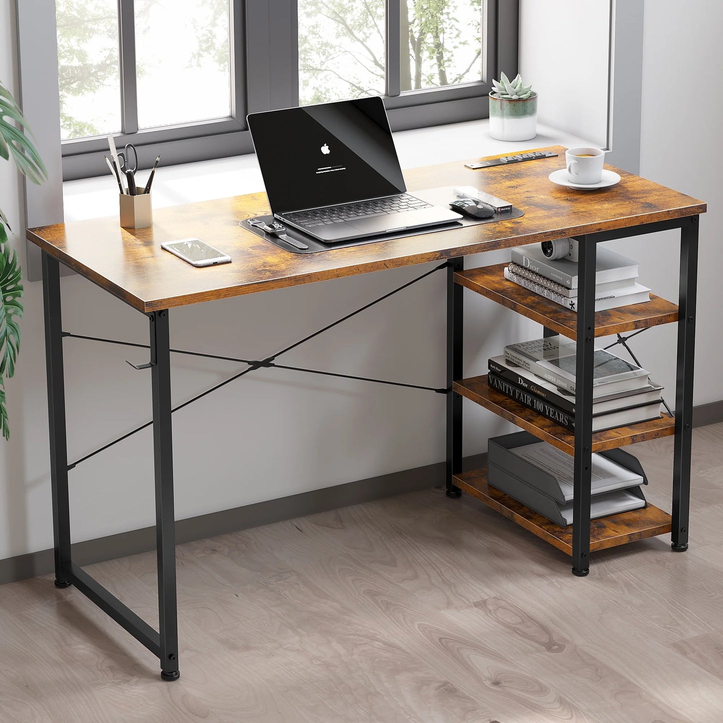 Modern 40 inch Writing Desk with 3 Tier Shelves for Small Space, Computer Table with Power Outlet & USB Charging Port, Vintage