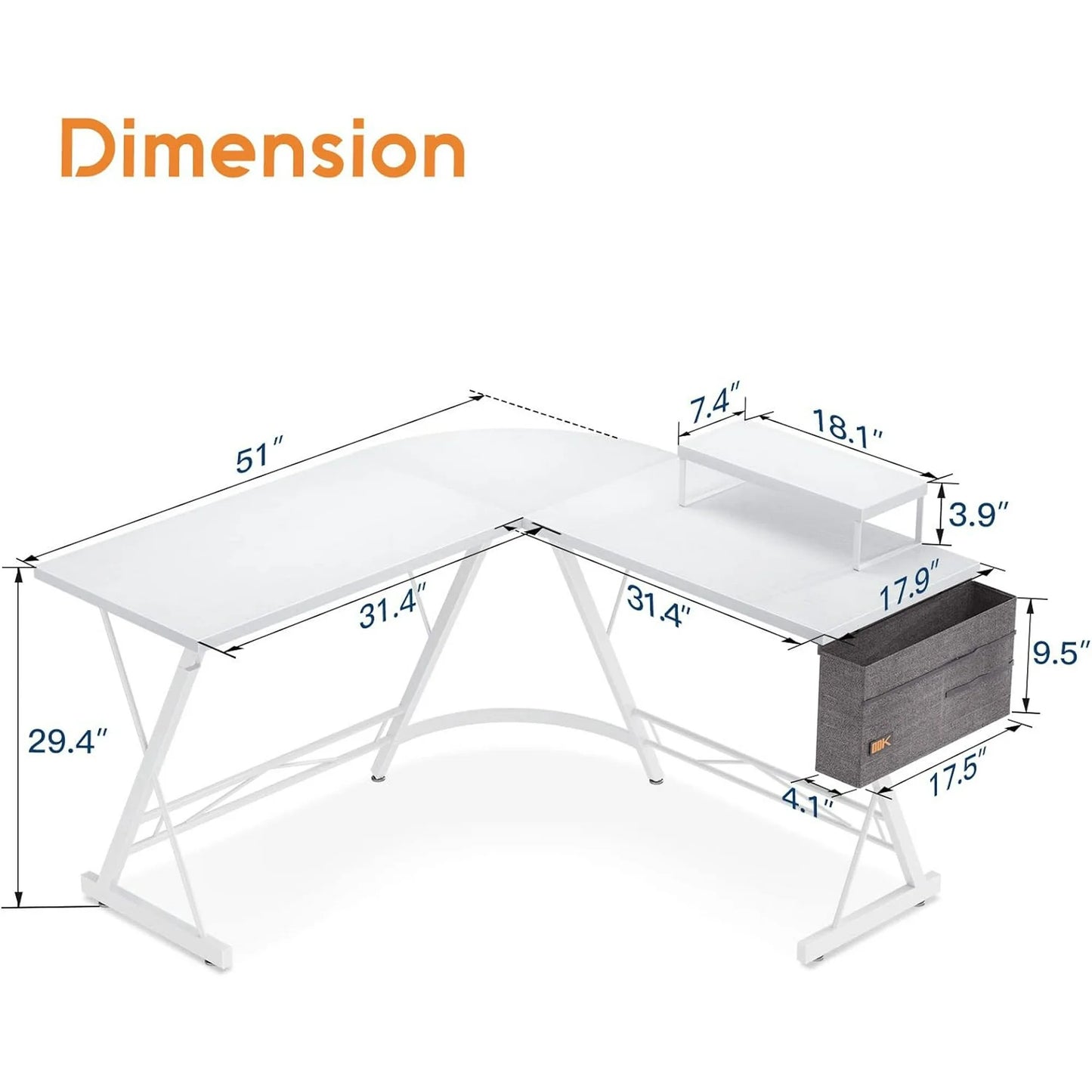 51 inch Gaming Desk with Storage Bag, L Shaped Computer Desk, Corner Desk for Home Office with Removeable Monitor Stand 51", Pure White