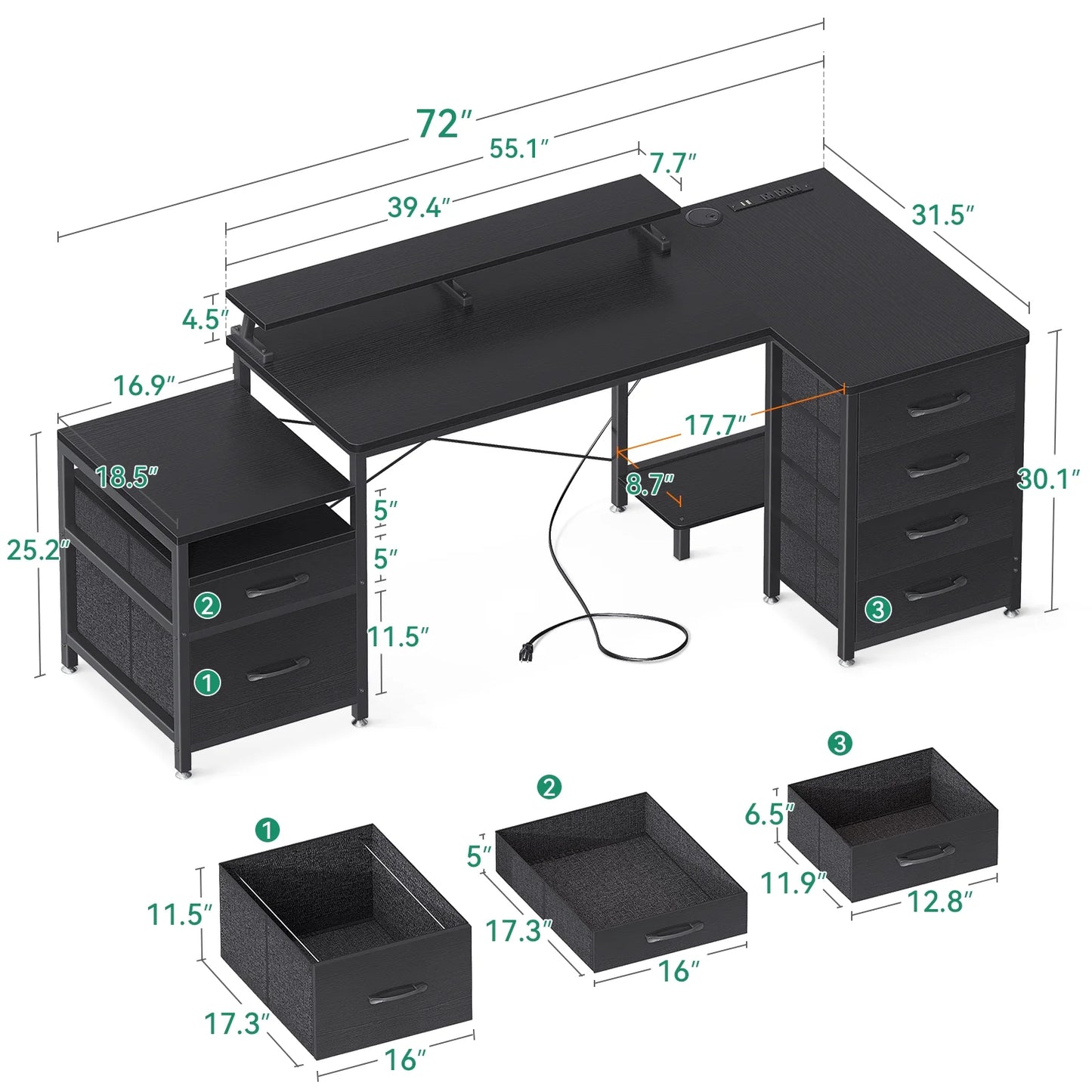 L Shaped Desk with 6 Drawers & Power Outlet, 55" Computer Desk with File Drawer & Monitor Shelf, Printer Storage Shelves, Large Work Desk for Home Office, Black