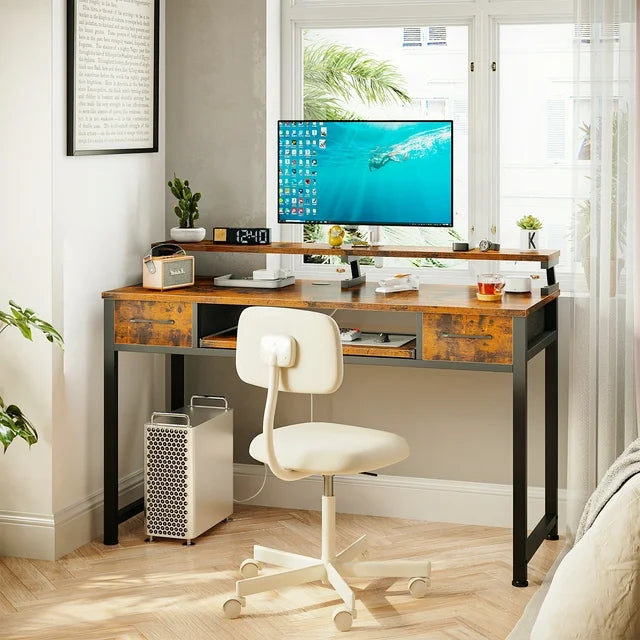 48 inch Computer Desk with Keyboard Tray, Modern Home Office Desk with Shelf & Drawers, Study Desk for Student, Rustic Brown