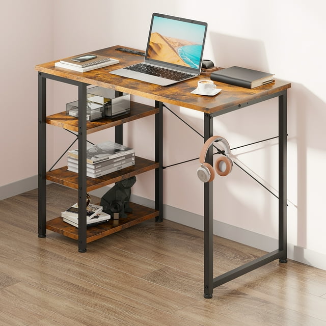 Modern Writing Desk with 3 Tier Shelves for Small Space, Computer Table with Power Outlet & USB Charging Port, Vintage