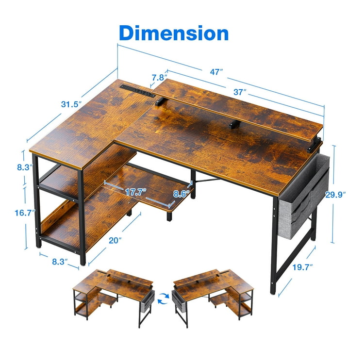 48 inch Reversible L Shaped Gaming Desk with USB Charging Port & Power Outlet, Corner Computer Desk with Storage Shelves/Bag, Home Office Desk with Monitor Shelf, Modern Writing Table, Vintage