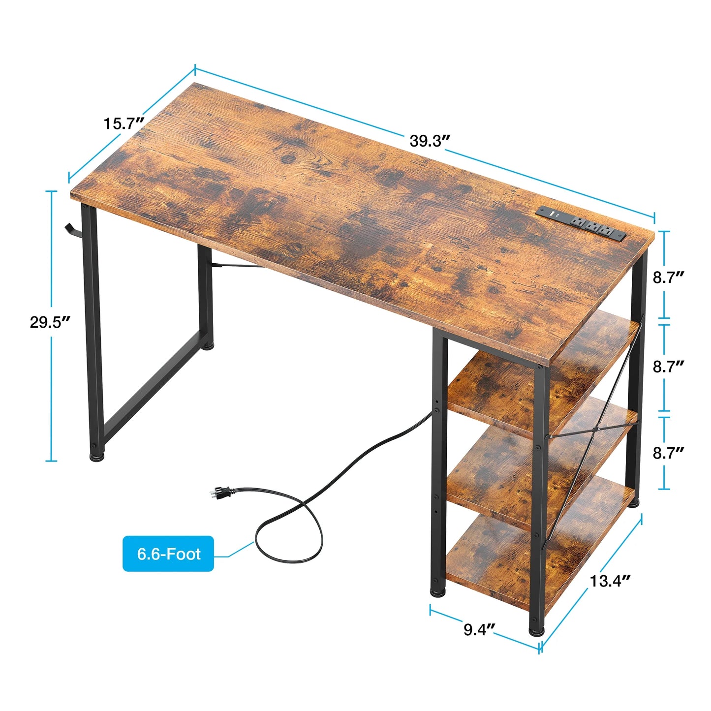 Modern 40 inch Writing Desk with 3 Tier Shelves for Small Space, Computer Table with Power Outlet & USB Charging Port, Vintage