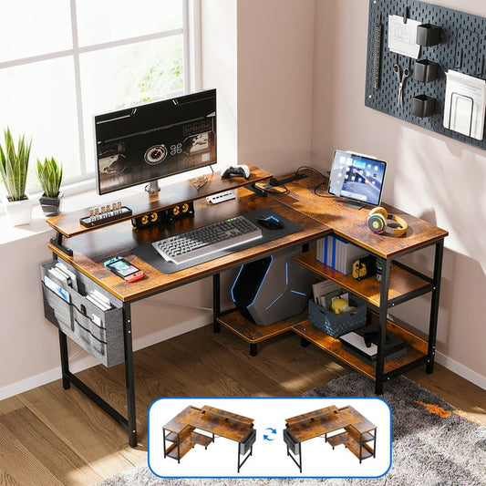 48 inch Reversible L Shaped Gaming Desk with USB Charging Port & Power Outlet, Corner Computer Desk with Storage Shelves/Bag, Home Office Desk with Monitor Shelf, Modern Writing Table, Vintage