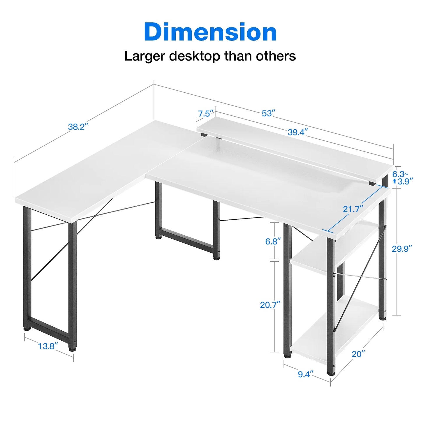 Reversible L Shaped Gaming Desk with Storage Shelves, 53-inch Home Office Desk, Corner Study Table with Monitor Stand, Modern Work Desk, White