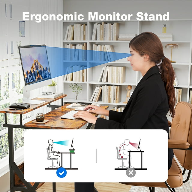 Small Computer Desk with Monitor for Kid, 27.5 inch Studying Writing Table for Home Office, Modern Style Computer Desk for Small Space with Storage Shelf, Vintage