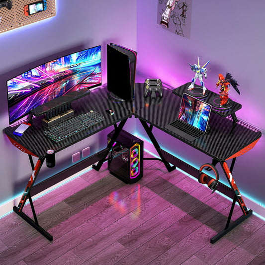 51" L Shaped Gaming Desk, Real Carbon Fiber Coated, Gaming Desk Table with Large Monitor Riser Stand for Home Office, Sturdy Writing Workstation, Gaming Desk with Shelf, Black