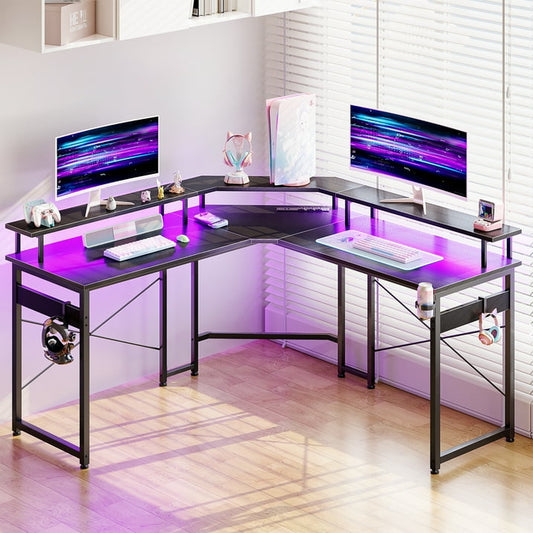 51 inch Computer Desk L Shaped with Led Lights & Power Outlets, Full-Sized Monitor Shelf, Corner Carbon Fiber Texture, Gaming Table with Hooks, Black Carbon Fiber