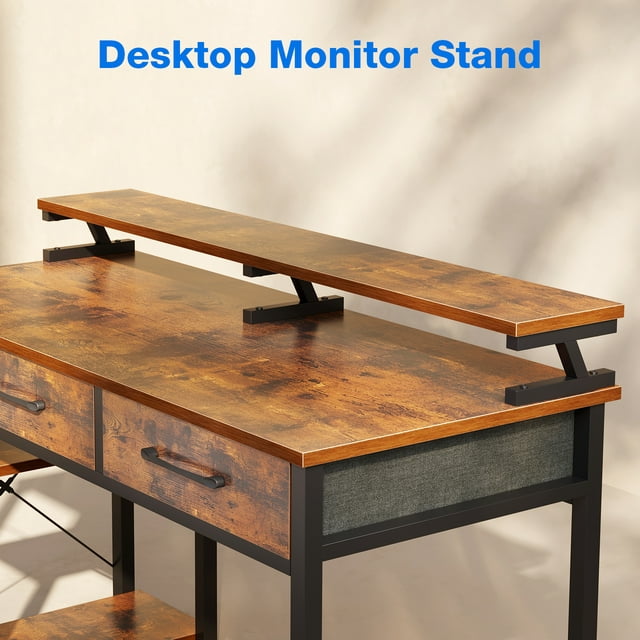 Computer Desk with Drawers and Storage Shelves, 48 inch Home Office Desk with Monitor Stand, Work Study PC Desk for Small Spaces, Rustic Brown