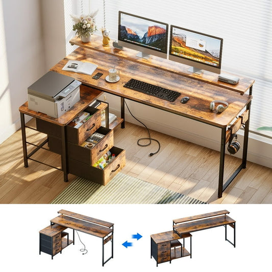 55 inch L Shaped Computer Desk with Drawers & Power Outlets, L-Shaped Gaming Desk with Removable File Cabinet, Reversible Corner Desk with Monitor Stand for Home Office Workstation, Rustic Brown