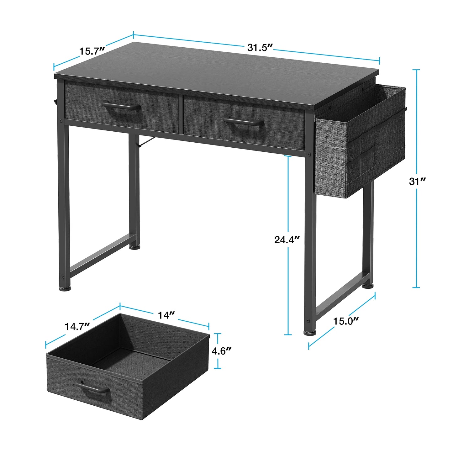 32 Inch Black Writing Desk with 2 Fabric Drawers & Storage Bag, Modern Study Table with Storage for Student/Kids, Small Computer Desk for Small Space, Home Office Desk