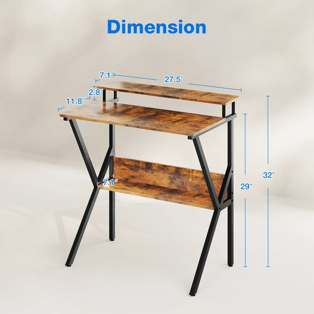 Small Computer Desk with Monitor for Kid, 27.5 inch Studying Writing Table for Home Office, Modern Style Computer Desk for Small Space with Storage Shelf, Vintage