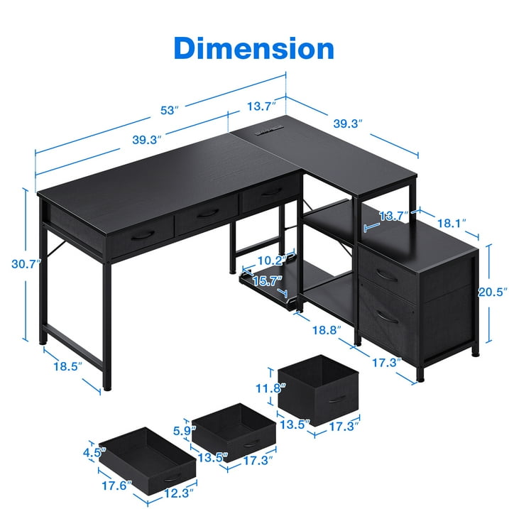 L Shaped Gaming Desk, 53" Reversible Home Office Desk with File Drawer & Power Outlet, Modern Corner Computer Desk with CPU Stand, Printer Storage Shelves, Black